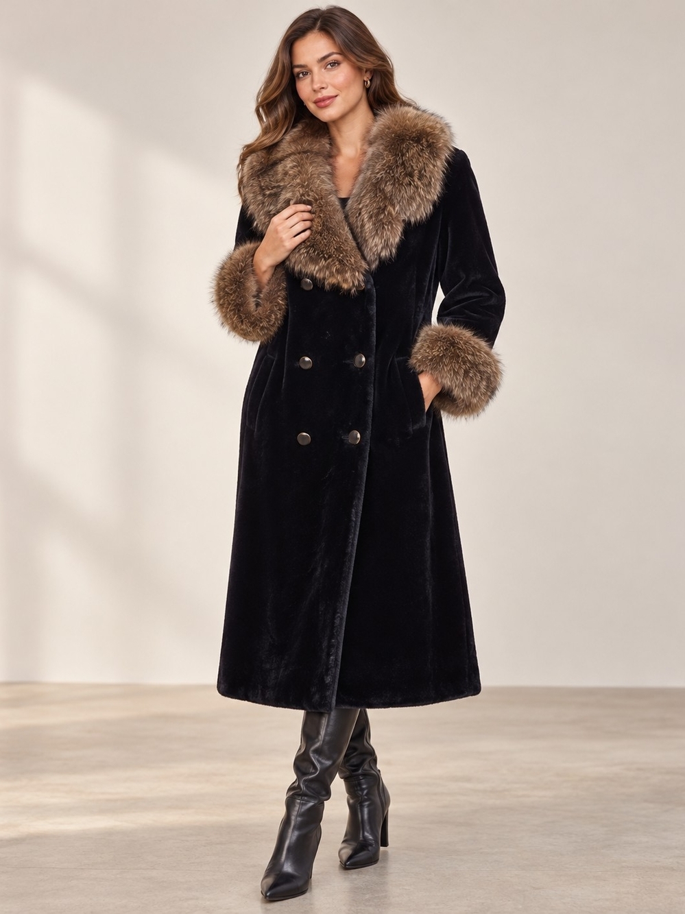 Black Faux-Fur Trim Double-Breasted Long Pea Coat